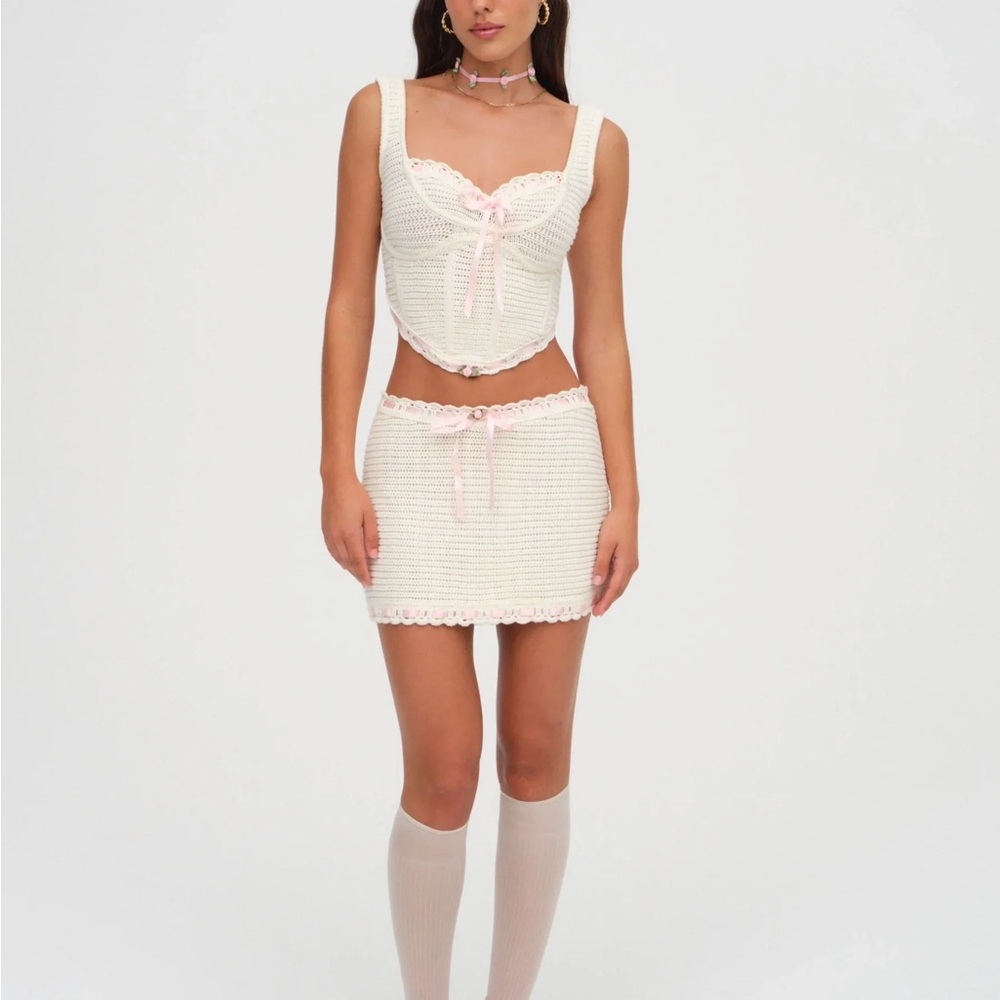 For Love And Lemons White Crochet Top with Pink Accents
